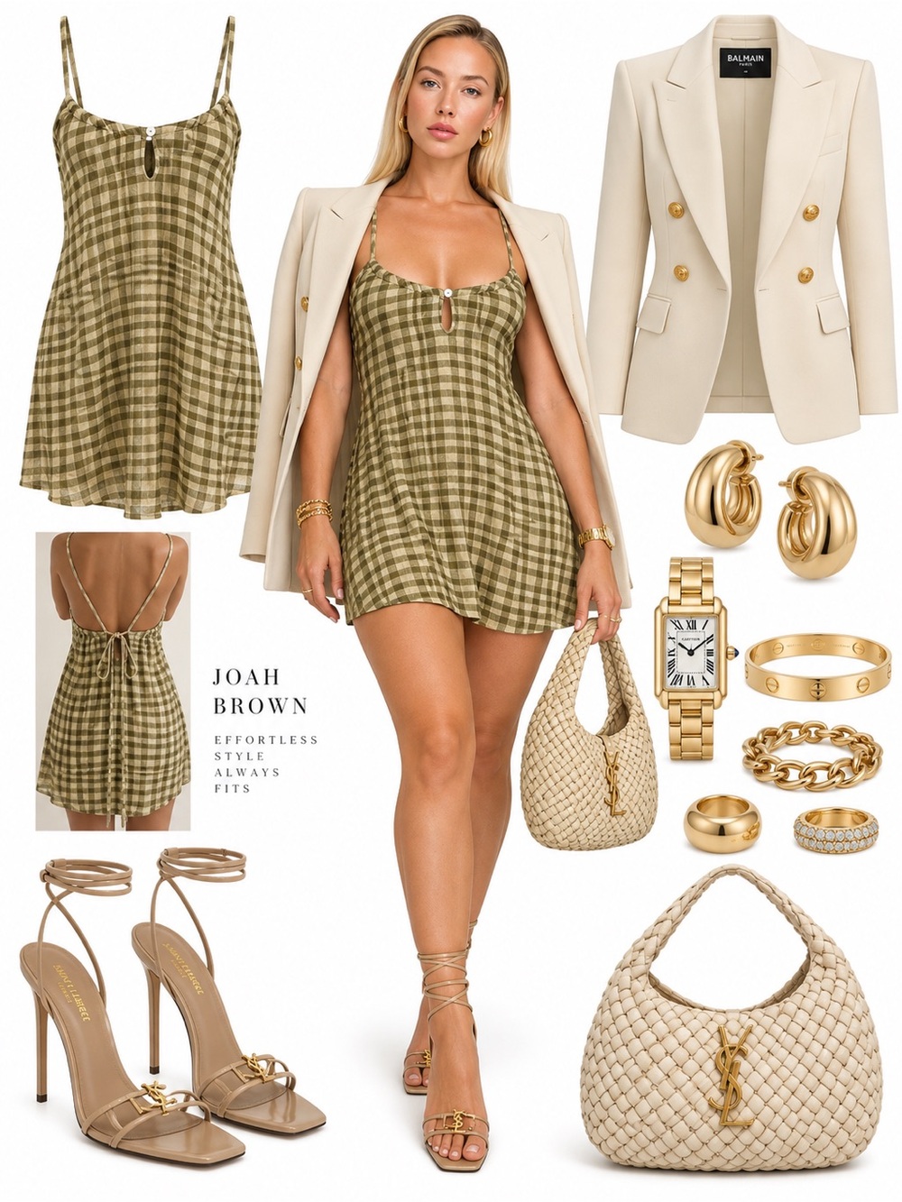 Joah Brown Olive Plaid Mini Dress with Keyhole Spaghetti Straps